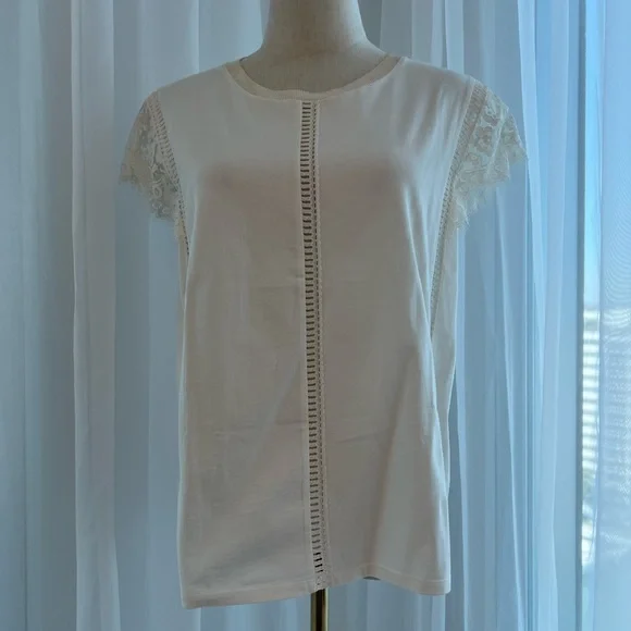 Sandro Lace Sleeve Crewneck Top in Cream T3/L - Picture 3 of 9